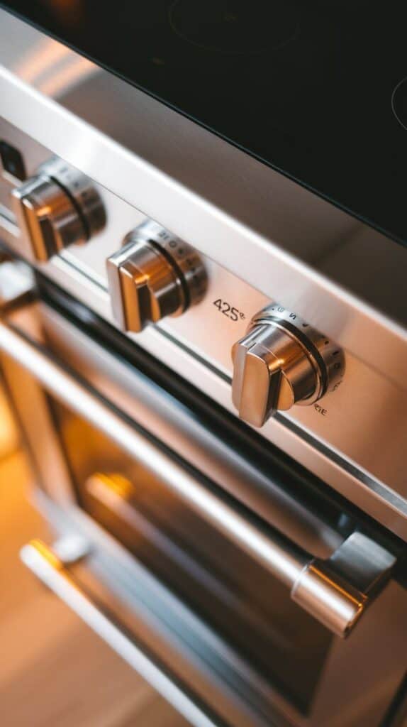 a modern oven dial being turned to 425°F, finger adjusting the knob. Modern stainless steel double oven.