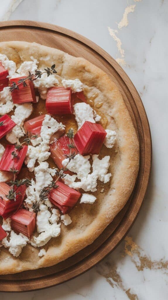 finished flatbread being sliced with fresh thyme sprinkled on top and honey glistening over the goat cheese. White