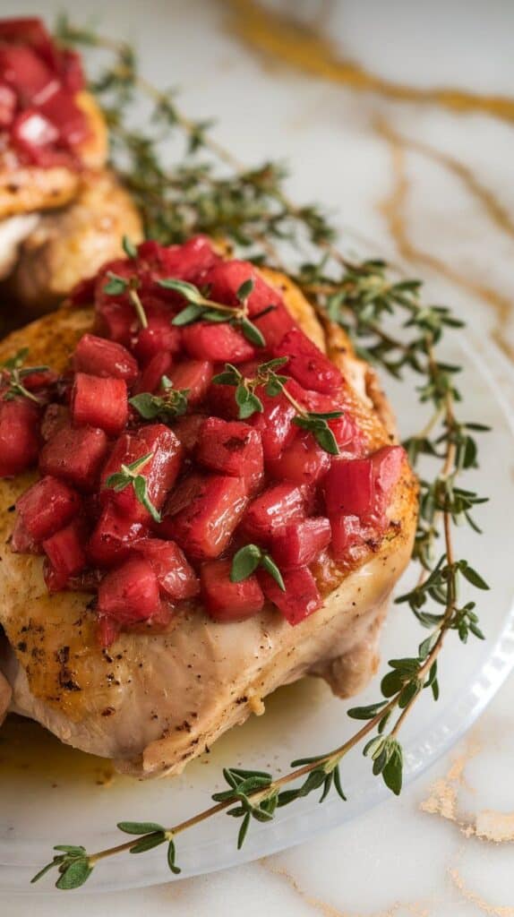 final plated roasted chicken with extra rhubarb glaze glistening on top, fresh thyme sprinkled around