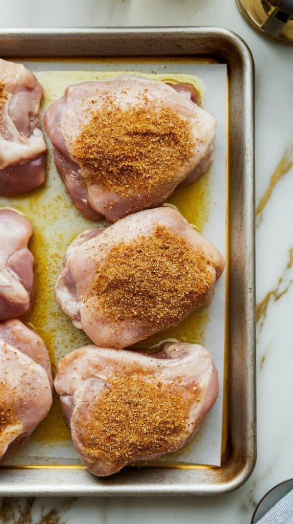 raw chicken thighs being rubbed with olive oil and seasoning mix on a baking tray.