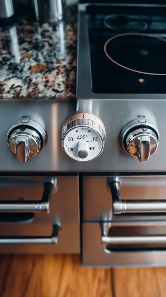 an oven temperature dial set to 425°F with a hand adjusting it. On a modern stainless steel double oven.
