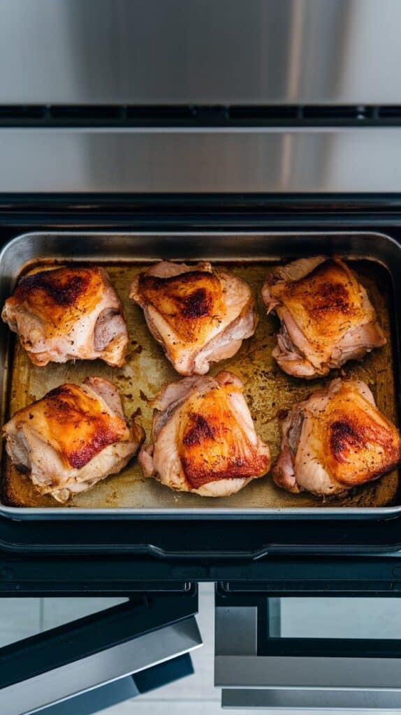 chicken thighs roasting on a baking tray, skin crispy and golden with slight browning