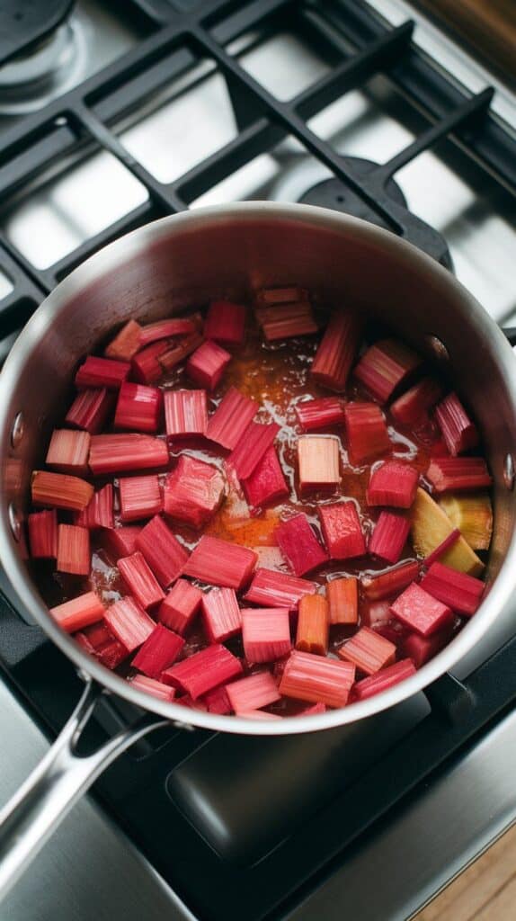 chopped rhubarb simmering with honey, ginger, and spices into a glossy pink glaze in a saucepan.