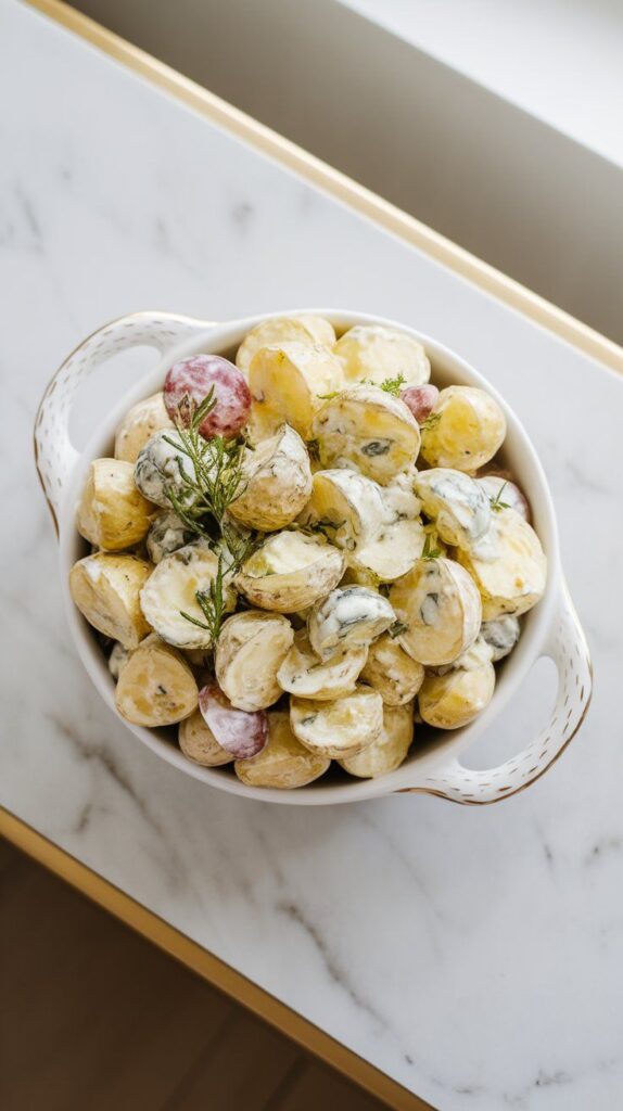 creamy potato salad with roasted grapes, blue cheese crumbles, and fresh chopped chives just added, not yet fully mixed.