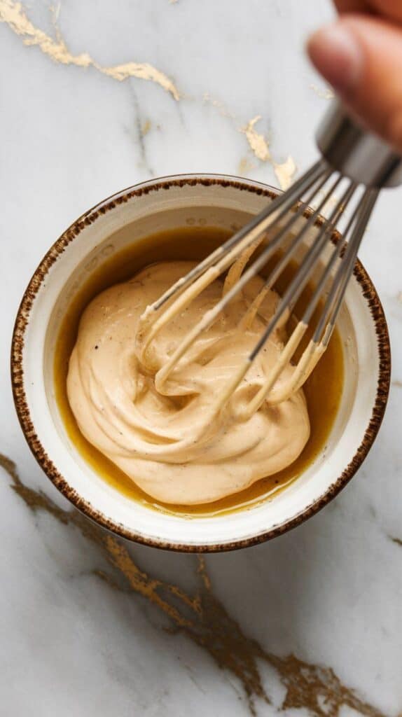 creamy dressing being whisked in a small ceramic bowl—mayonnaise, Dijon, and vinegar swirling together.