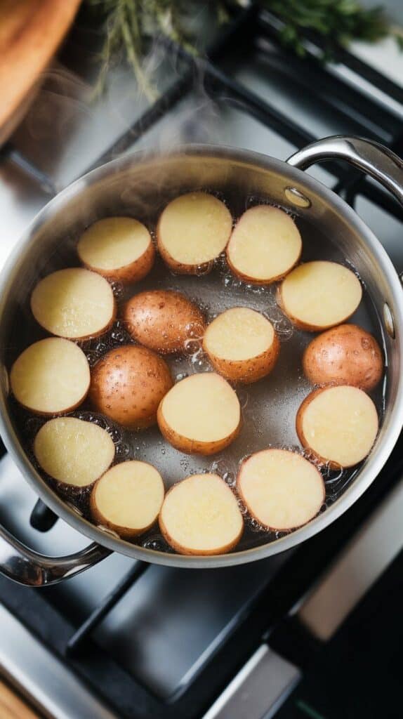 halved baby potatoes boiling in water with steam rising, edges turning translucent.