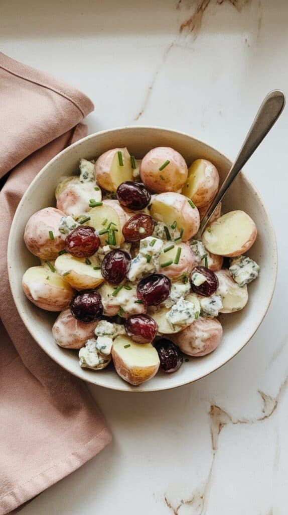 finished roasted grape & blue cheese potato salad in a white serving bowl, garnished with herbs and ready to serve.