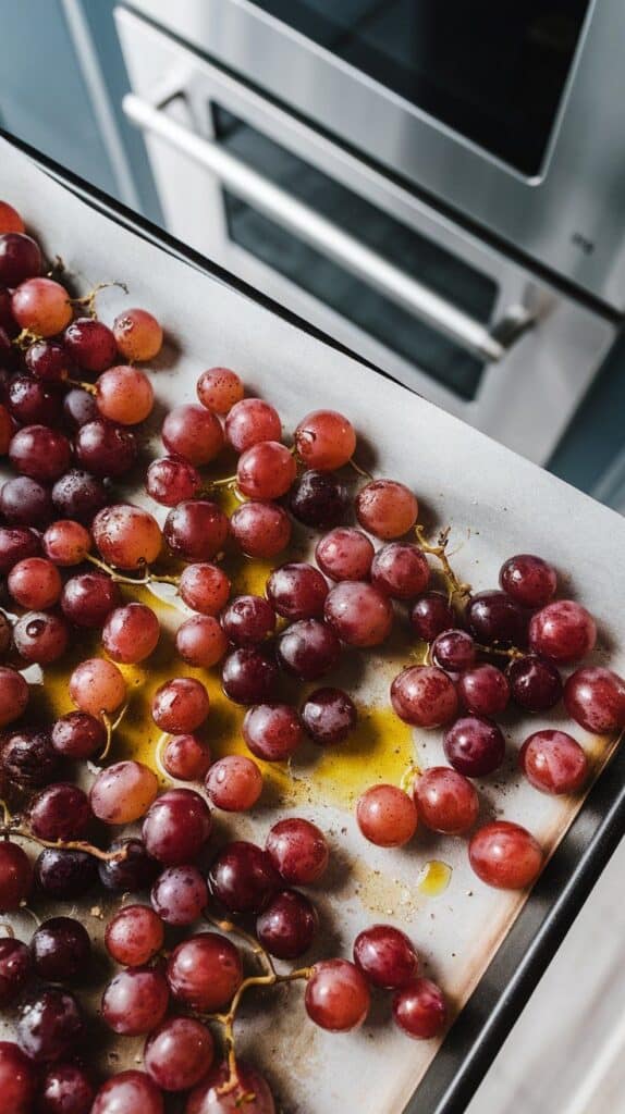 red grapes glistening with olive oil and black pepper, spaced on a parchment-lined sheet pan.