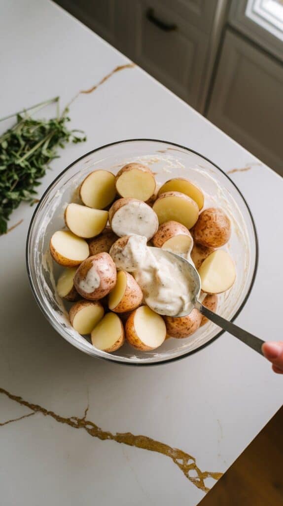 tender boiled potatoes being coated in creamy dressing inside a mixing bowl, spoon stirring gently.