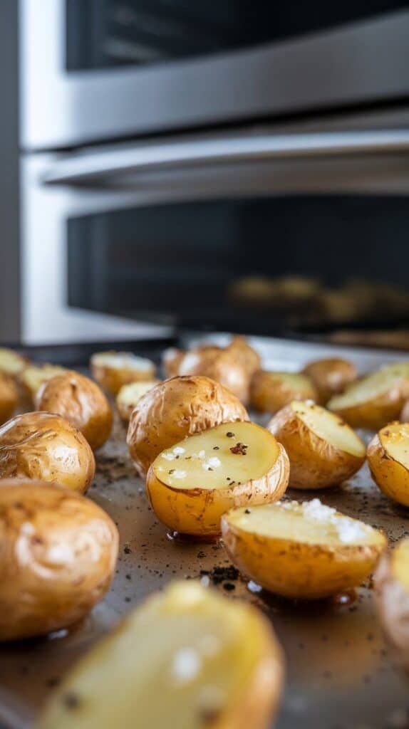 golden baby potatoes roasting on a baking sheet, edges browning and slightly crisp