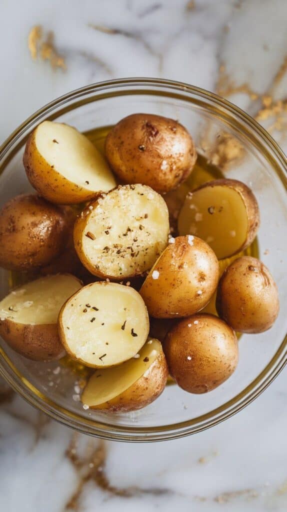 halved baby potatoes in a bowl coated with olive oil, salt, and pepper, glistening and ready to roast