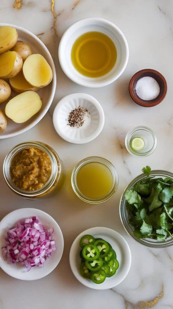 halved baby potatoes on a small plate, olive oil in a small plate, salt and pepper in pinch dishes, salsa verde in a clear jar, lime juice in a tiny clear jar, chopped fresh cilantro on a small plate