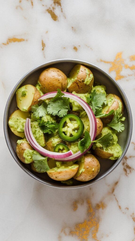 finished salsa verde roasted potato salad in a shallow serving bowl, garnished with cilantro, red onion, and jalapeños, bright green sauce visible