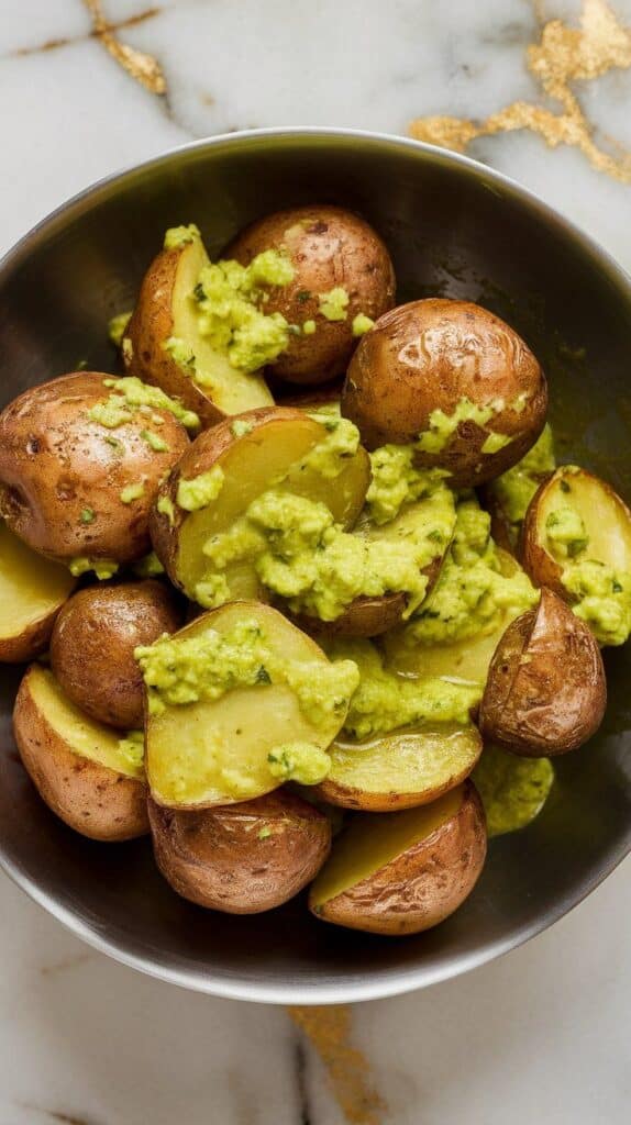 hot roasted potatoes in a bowl being tossed with bright green salsa verde and lime juice, sauce clinging to each piece