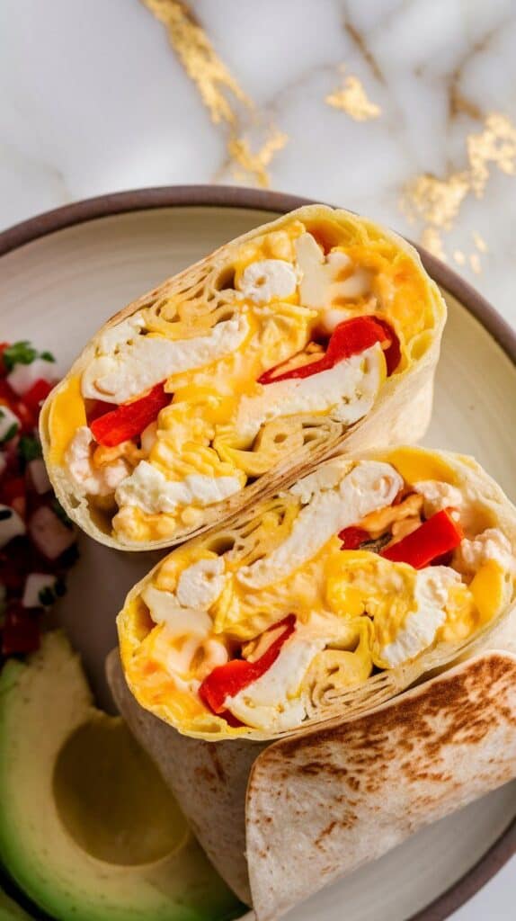 two golden brown breakfast burritos sliced in half, revealing scrambled eggs, cottage cheese, peppers, and cheese inside, served with salsa and avocado on a plate