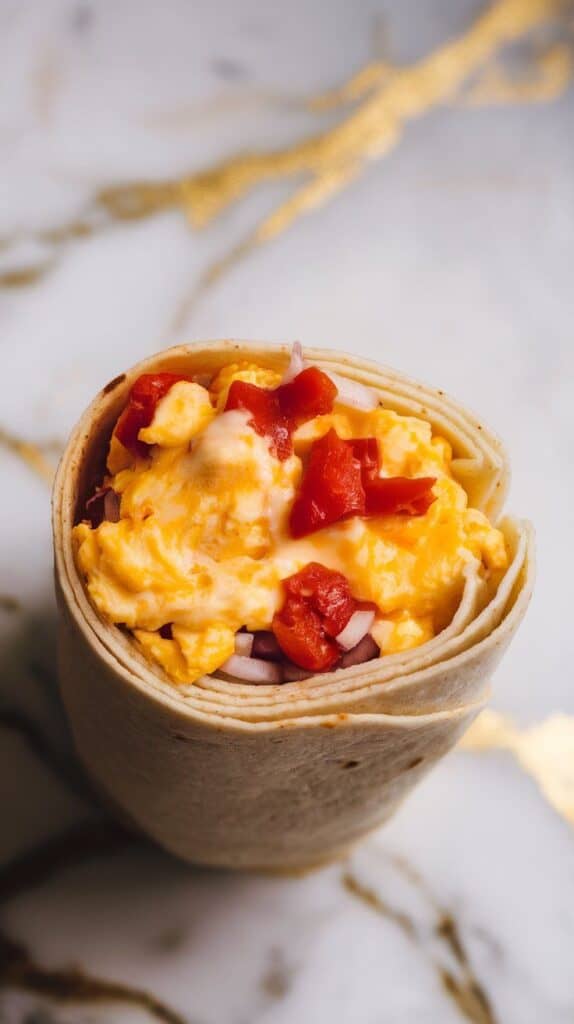 ortillas being filled with warm scrambled egg, cheese, and veggie mixture in the center, edges folded in as burritos are being rolled up