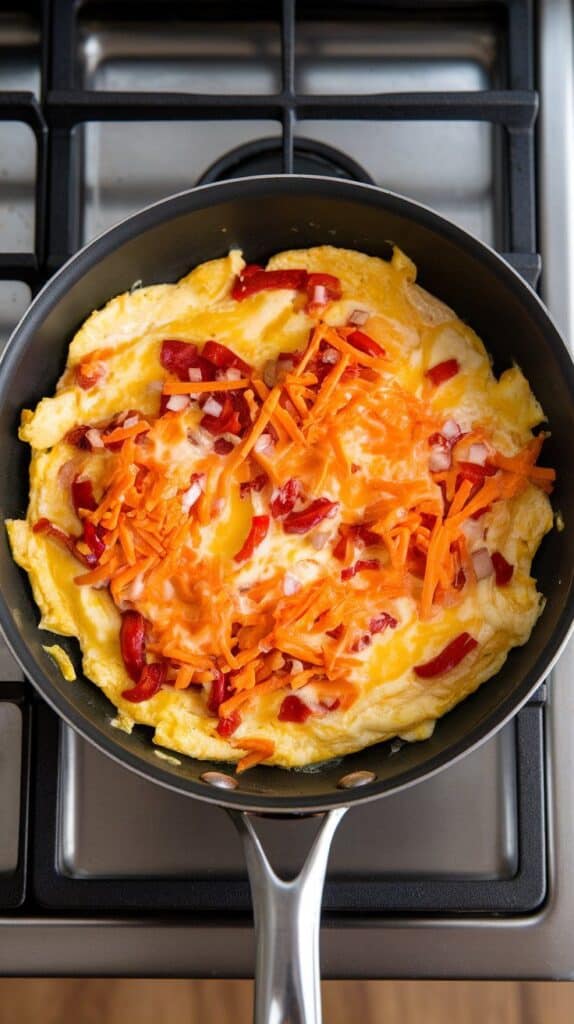 shredded cheddar cheese being stirred into scrambled eggs and veggie mixture, cheese melting into golden, creamy egg folds