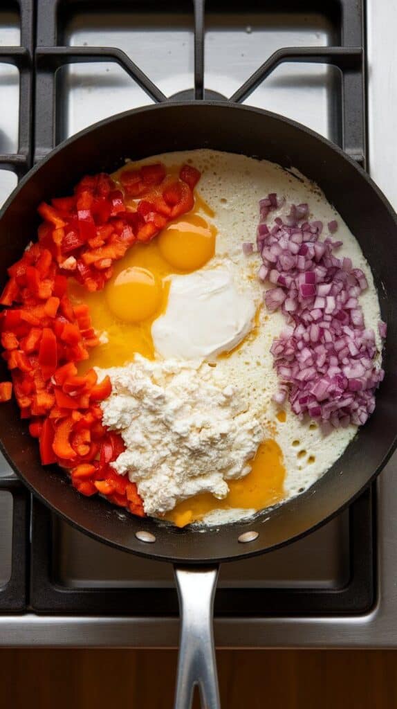 whisked eggs and cottage cheese poured into skillet with sautéed veggies, soft curds forming as mixture cooks, fluffy texture developing
