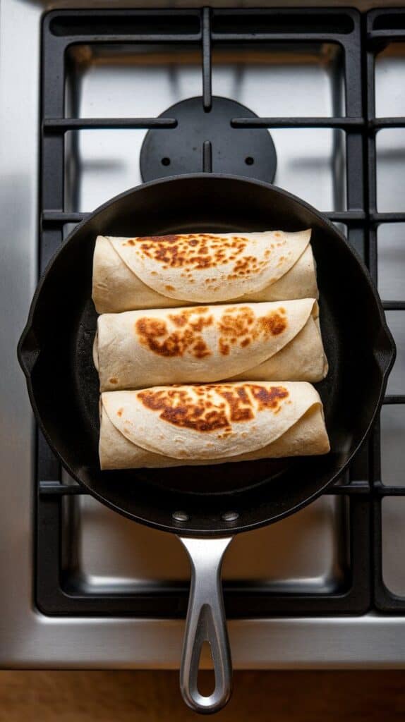 burritos toasting in a dry skillet, seam side down, golden brown marks forming on tortilla surface, on a modern stainless stee