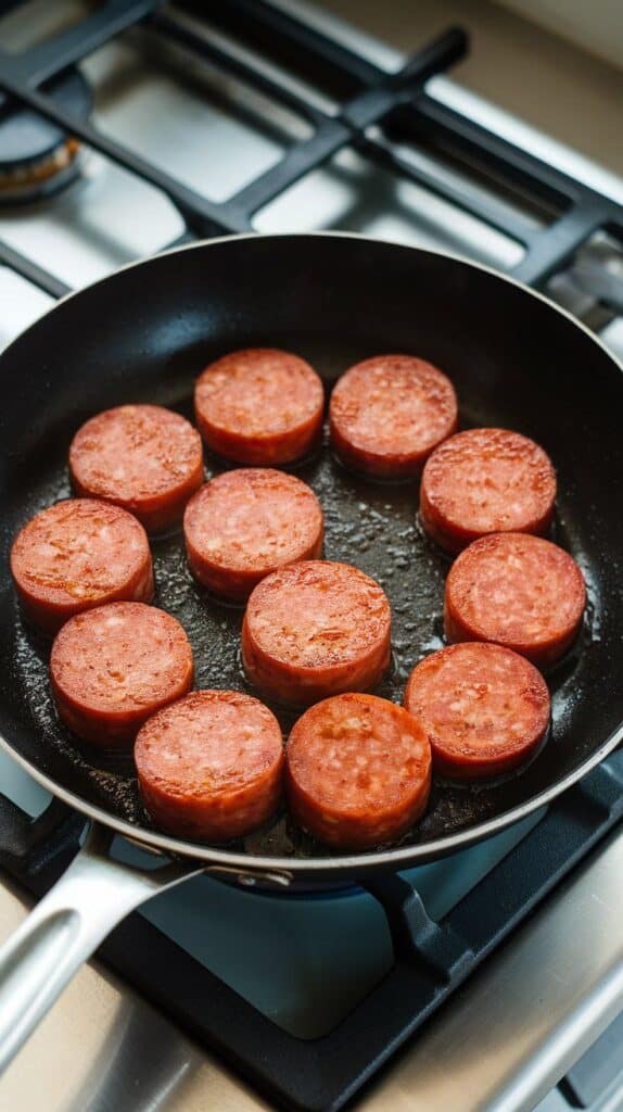 sizzling half-moon slices of kielbasa browning in olive oil, edges caramelized and golden.
