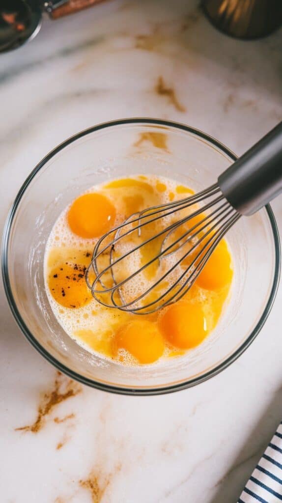 six eggs whisked with milk, smoked paprika, salt, and pepper in a glass mixing bowl, pale yellow and fluffy.