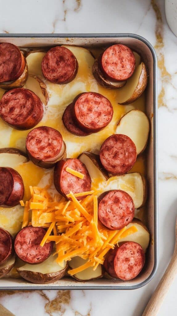 baking dish filled with roasted potato halves and browned kielbasa slices, topped with poured egg mixture and a layer of shredded cheddar cheese