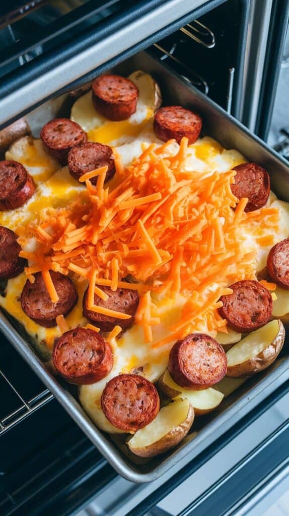 golden-brown baked breakfast casserole in skillet, puffy with melted cheddar on top and edges slightly crisped.