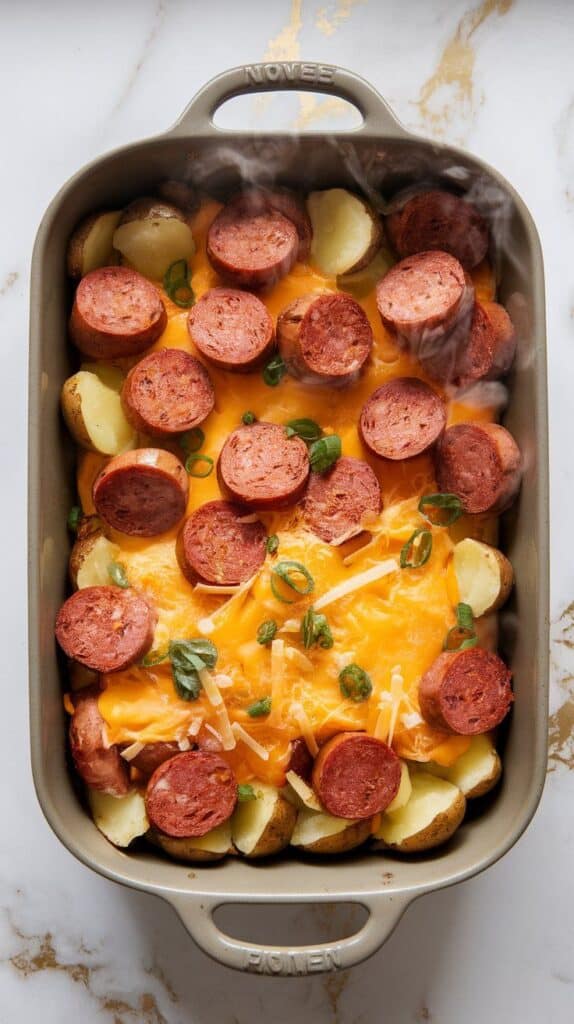 a sliced savory kielbasa breakfast bake in a cast iron skillet, topped with scallions and steam rising, ready to serve.