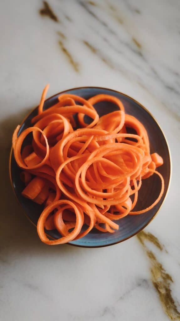 carrot ribbons shaved into thin strips with a vegetable peeler, ribbons piled loosely on a small plate