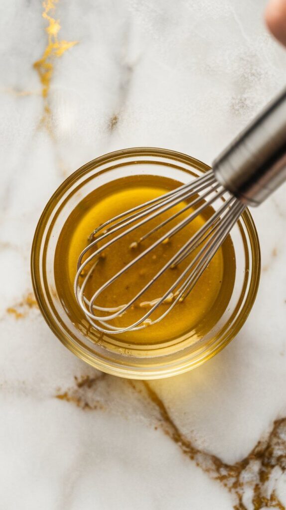 olive oil, lemon juice, honey, salt, and pepper being whisked into a smooth dressing in a small bowl, light and glossy texture