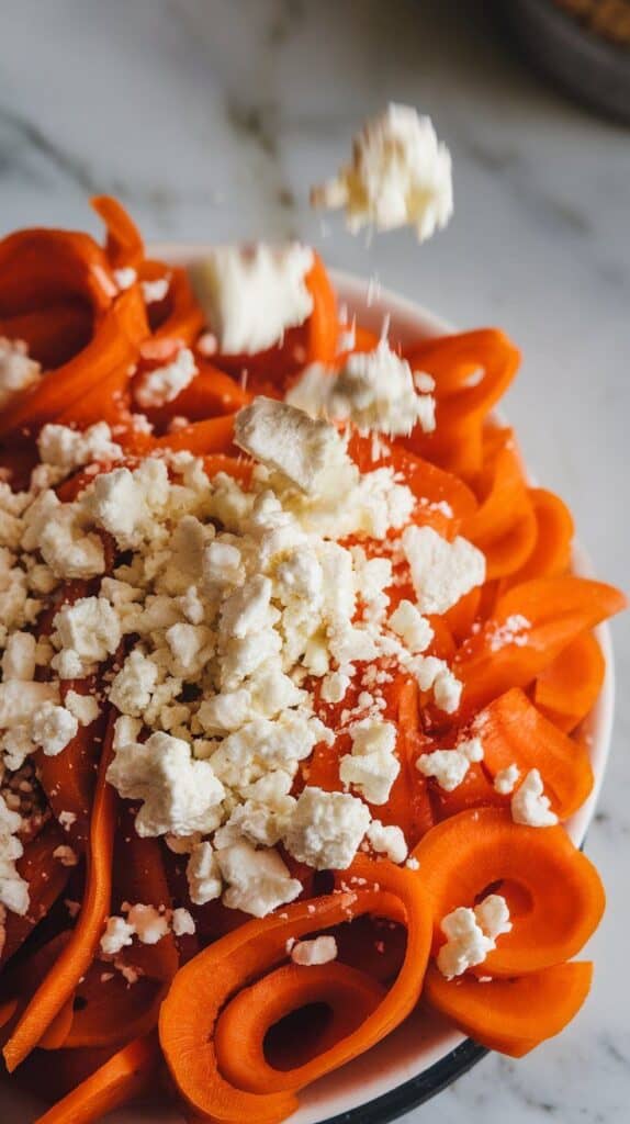 crumbled goat cheese being sprinkled over the dressed carrot ribbons, some pieces melting slightly into the dressing, creamy white against vibrant orange, on white marble counters with hints of gold