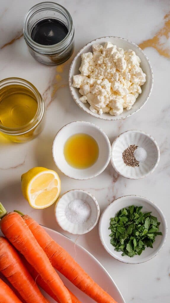 ingredients: peeled whole carrots on a small plate, crumbled goat cheese on a small plate, olive oil in a small plate, fresh lemon juice in a tiny plate, honey in a tiny plate, salt and black pepper in pinch dishes, and chopped parsley on a small plate, all stored in unlabeled jars or plates
