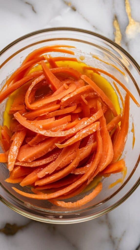 shaved carrots in a glass bowl with lemon dressing being gently tossed, ribbons glistening with oil, texture soft and flexible