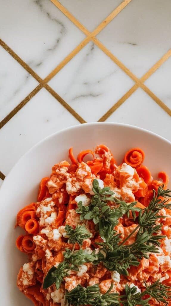 finished carrot salad with goat cheese and fresh herbs plated neatly, textures showing creamy crumbles and curled carrots