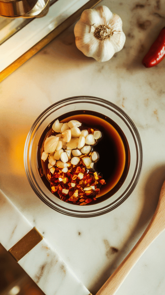 a small glass bowl with garlic, chili oil, rice vinegar, and soy sauce being stirred together, flecks of chili visible in the oil