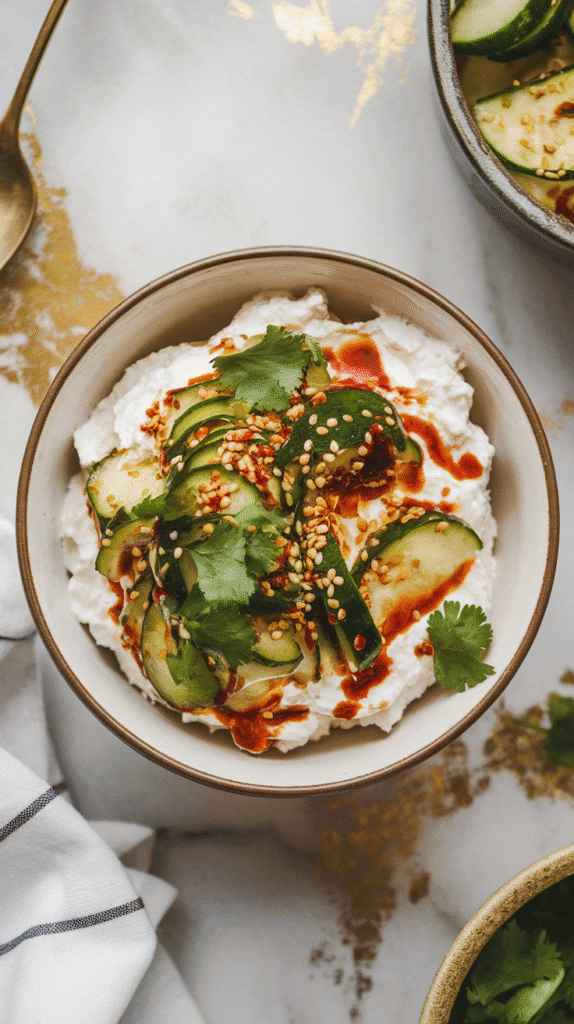 a finished smashed cucumber cottage cheese bowl with creamy white cottage cheese topped with chili-glossed cucumbers, sesame seeds and cilantro scattered on top