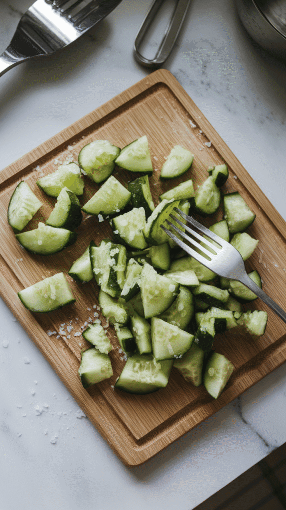cucumber chunks smashed with a fork, rough edges and seeds visible, sprinkled with salt and resting on a wooden cutting board,