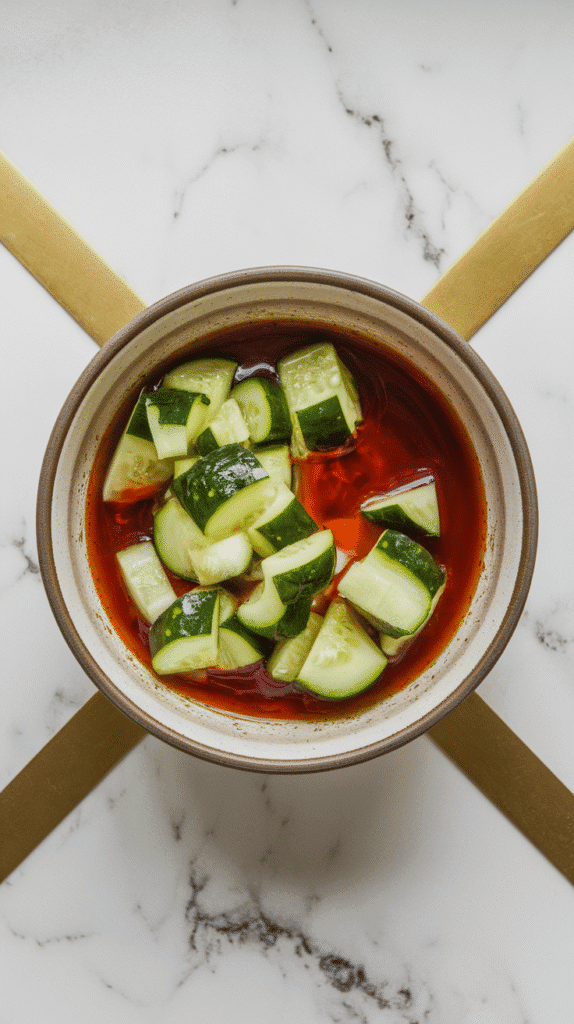 smashed cucumber chunks being tossed in glossy red chili garlic dressing in a medium bowl, liquid pooling slightly at the bottom