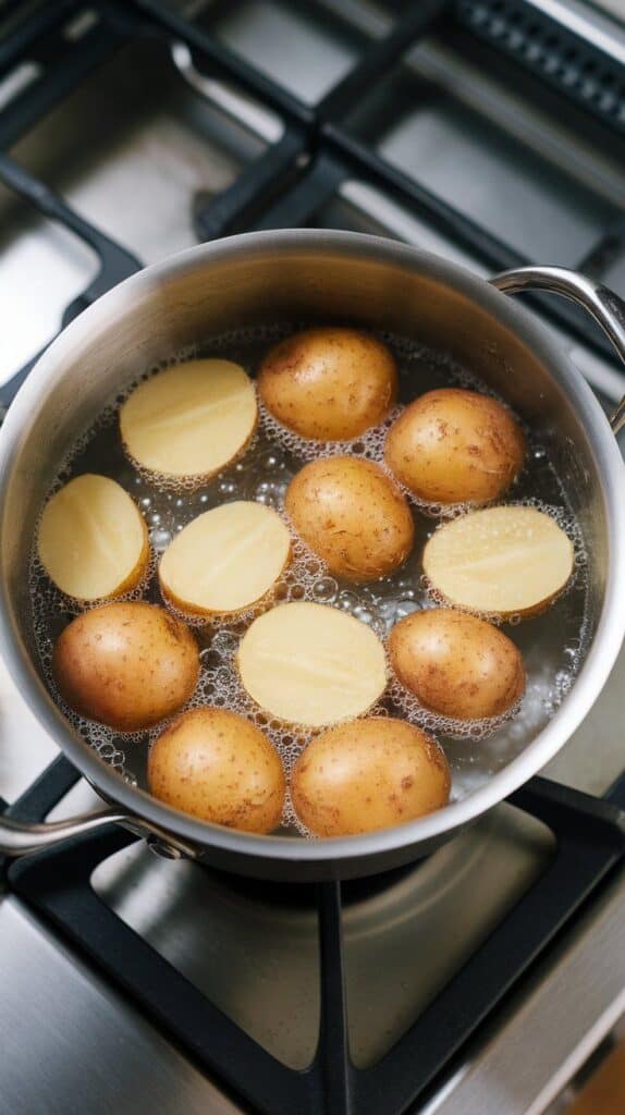 halved baby potatoes simmering in a pot of salted water with small bubbles forming around them