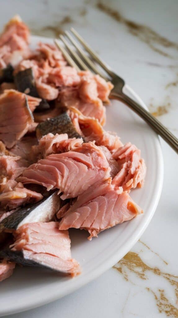 smoked trout being flaked with a fork on a white plate, showing tender, pinkish chunks.