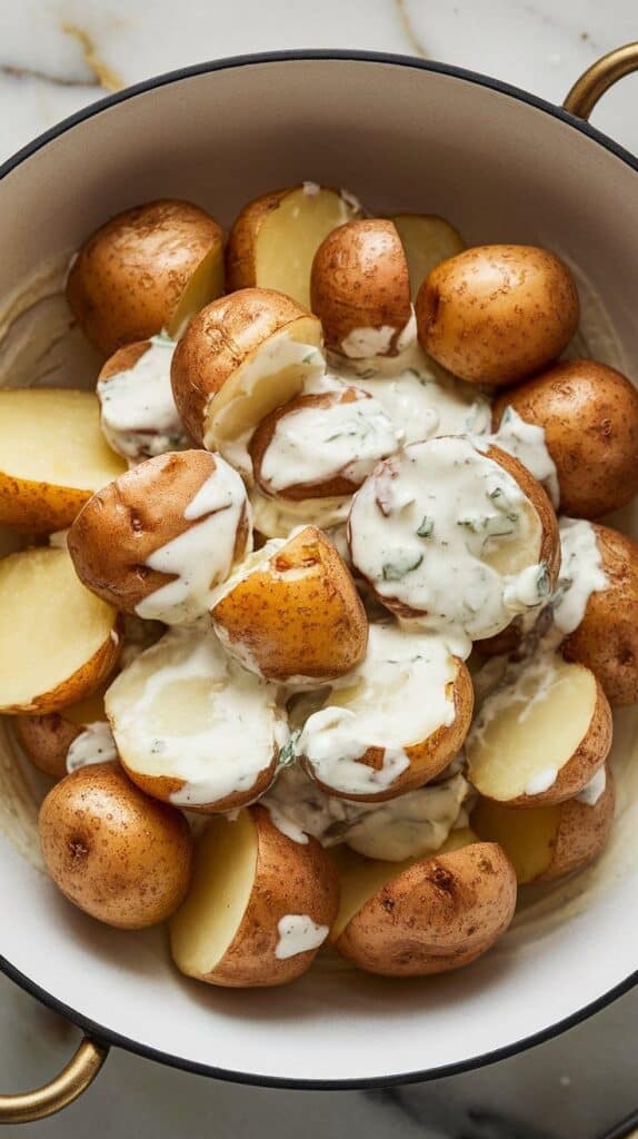 warm halved potatoes being folded into creamy horseradish dressing in a large white bowl.