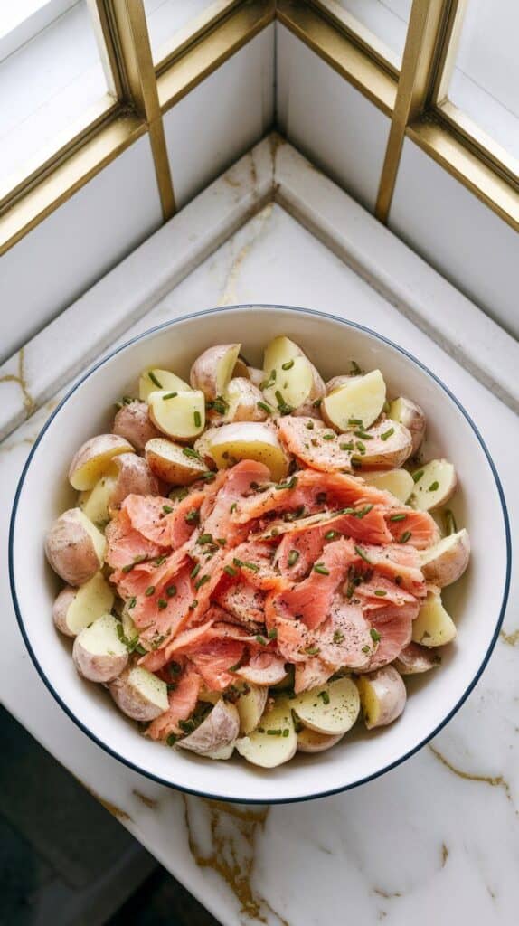inished smoked trout potato salad in a serving bowl, garnished with fresh chives and black pepper.