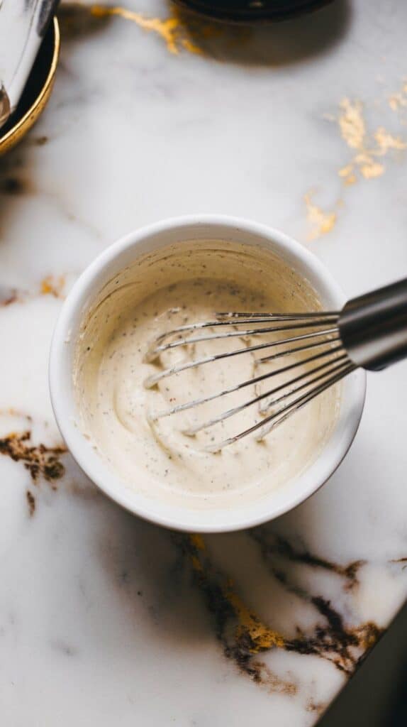 creamy horseradish dressing being whisked in a small white mixing bowl, texture is smooth and speckled.