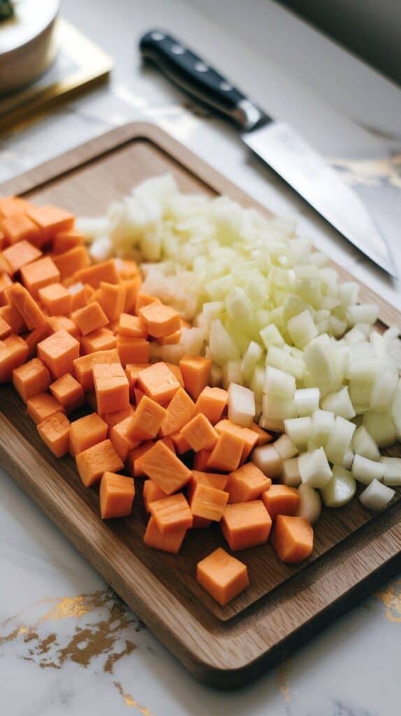 reshly diced sweet potato cubes and chopped yellow onion side-by-side on a wooden cutting board