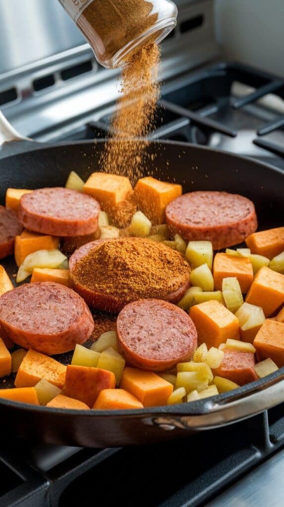 spice blend being sprinkled over the cooked hash, paprika visible on golden sweet potatoes and browned kielbasa