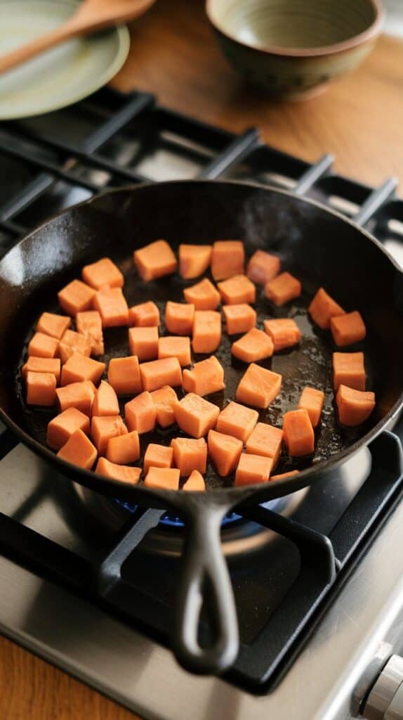 diced sweet potatoes sizzling in olive oil in a cast iron skillet, golden brown starting to form on some pieces