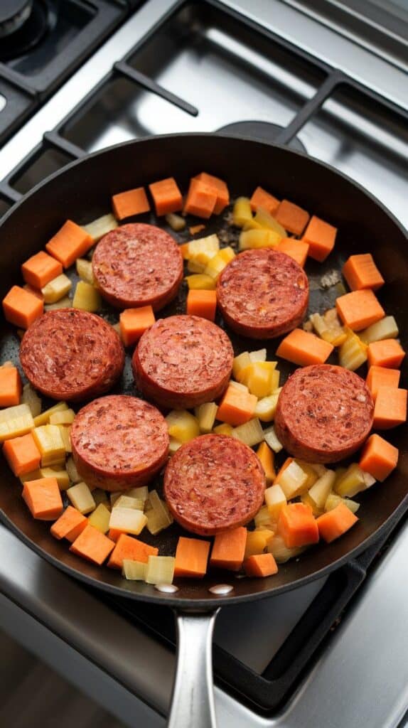 skillet with browned kielbasa slices, softened onions, and sweet potatoes, all slightly caramelized and golden.