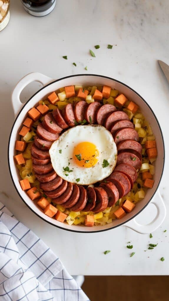 finished smoky sweet potato hash served with a golden fried egg on top, parsley sprinkled around, vibrant and crispy