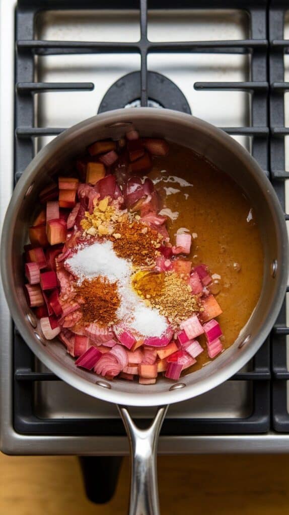 brown sugar, maple syrup, smoked paprika, chipotle powder, and salt being stirred into the rhubarb-onion mixture in the saucepan, creating a sticky base