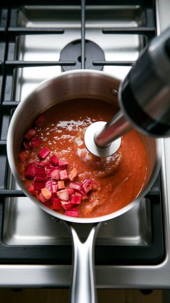 smoky rhubarb BBQ glaze being blended with an immersion blender directly in the saucepan